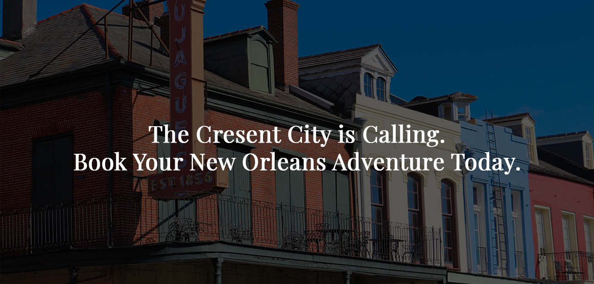 Valentino Hotels_PC-slider3 Prince Conti Hotel exterior with text, “The Crescent City is Calling, book your New Orleans Adventure today.”